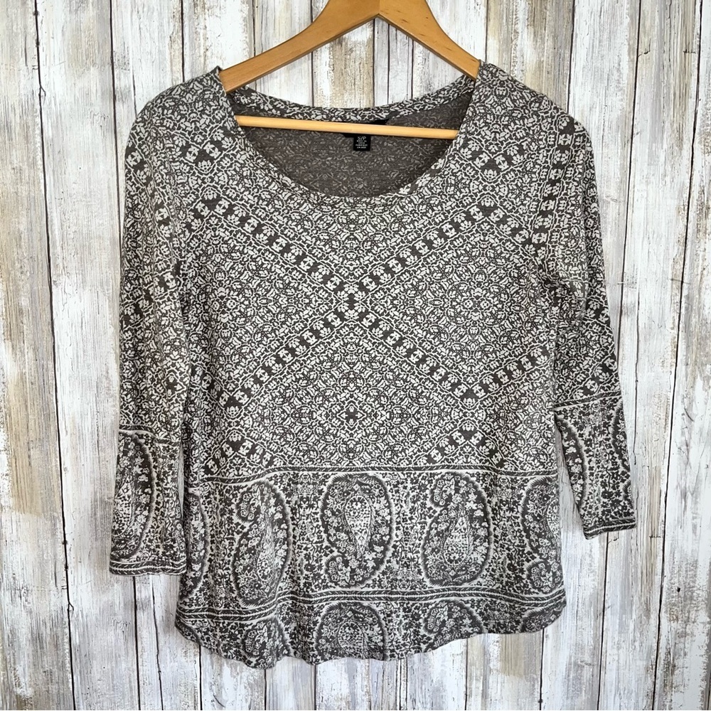 Lucky Brand Boho Paisley Print Top Small 3/4 Sleeve Soft Knit Tee Black White